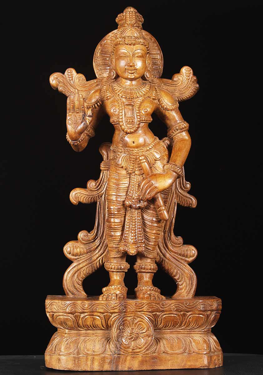 Wooden Krishna Statue Holding Flute 24"